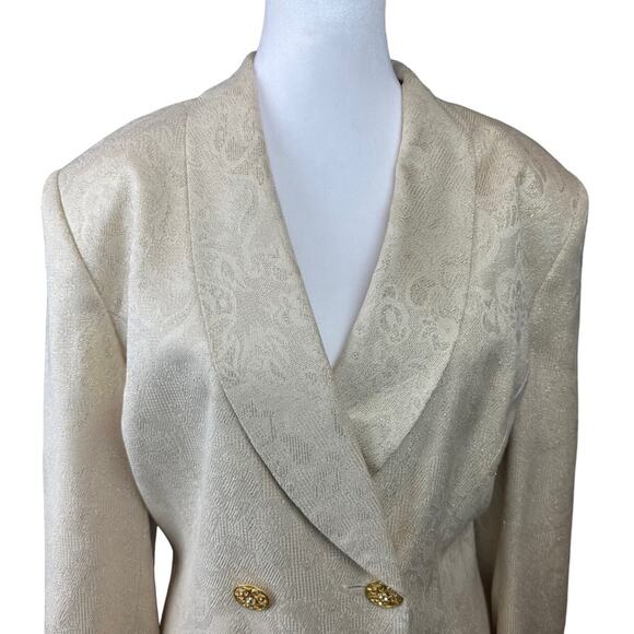 Vintage 80's Albert Nipon Skirt Suit Set Double Breasted Cream Gold Size 16 - Picture 3 of 8